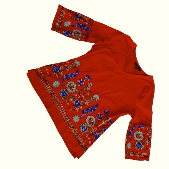 CALESSA Red Cotton Tunic Top Plus Size 1X Boho Embroidered Floral  V-neck Summer - Picture 4 of 14